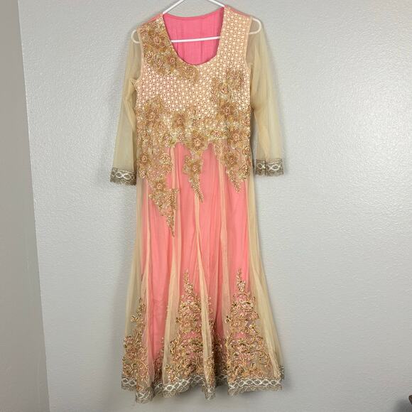 Approx M Pink Gold Embroidered Flowers Floral Anarkali Saree Gown Dress Layered - Picture 1 of 9